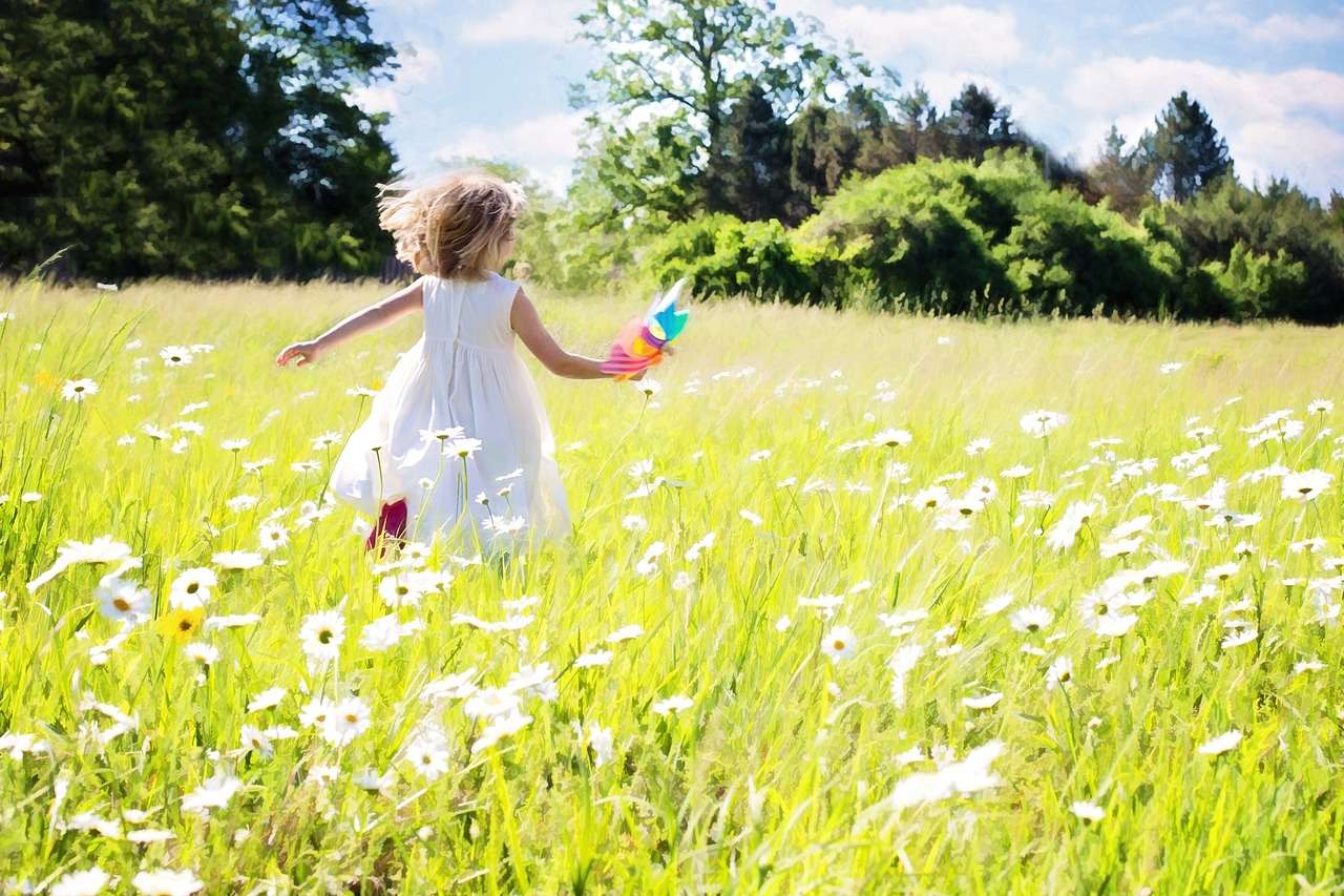 happy life little girl running, daisies, nature