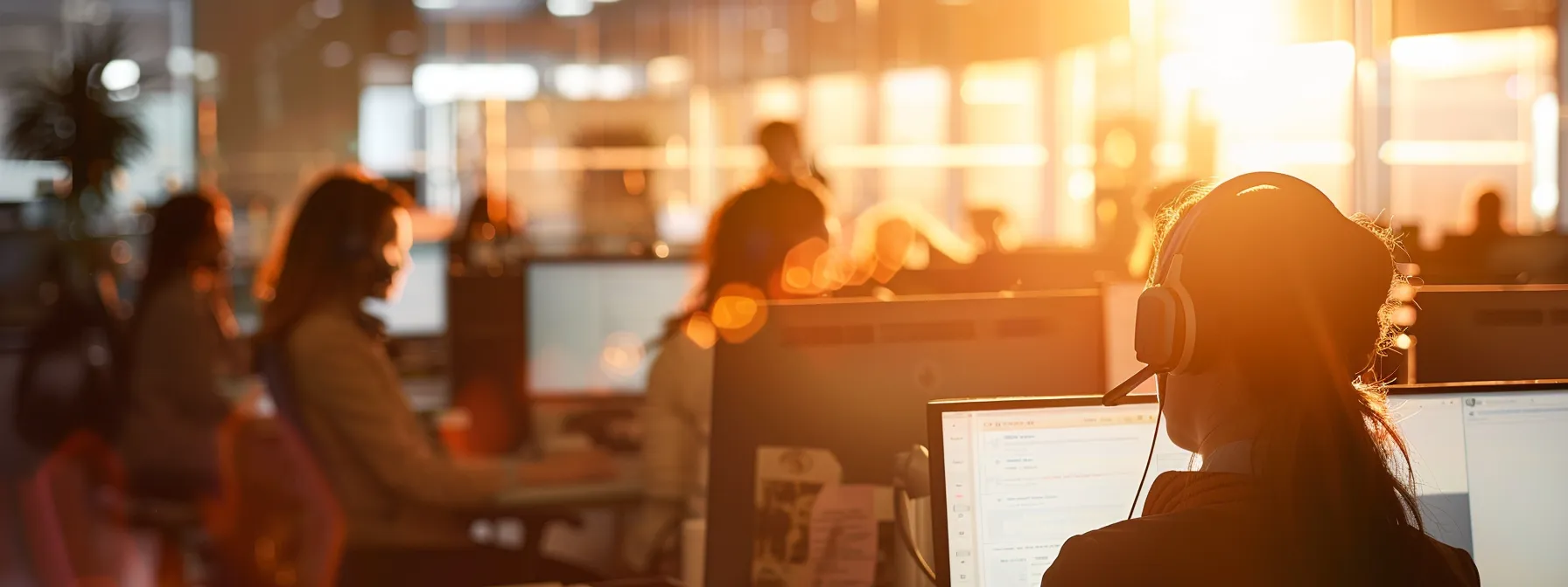 Customer support agents at their desks in an office using computer telephony integration software