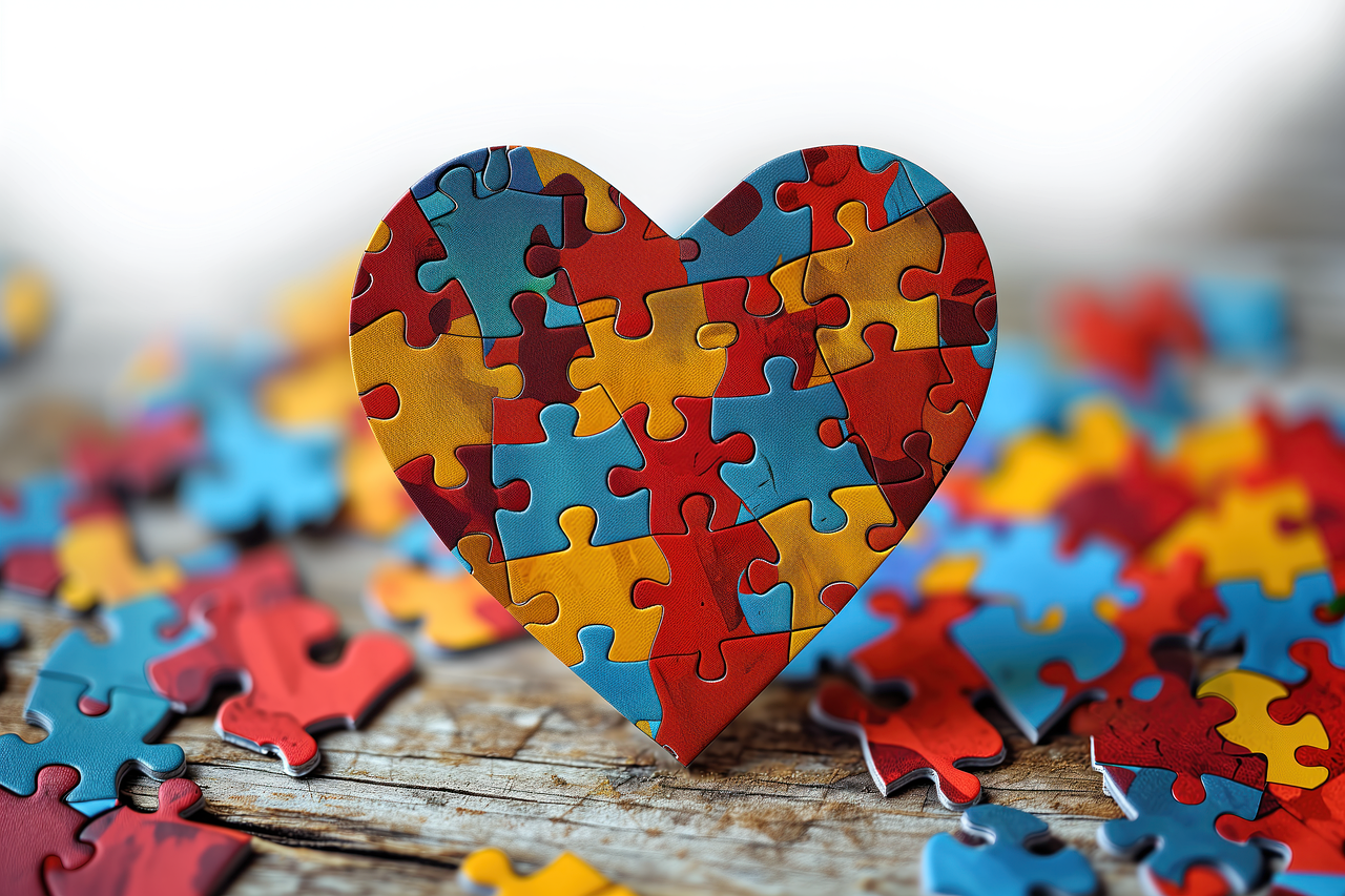 Autism in teens and adults ai generated, heart, puzzle, autism spectrum, autism awareness, love, symbol, colorful, primary colors, autistic