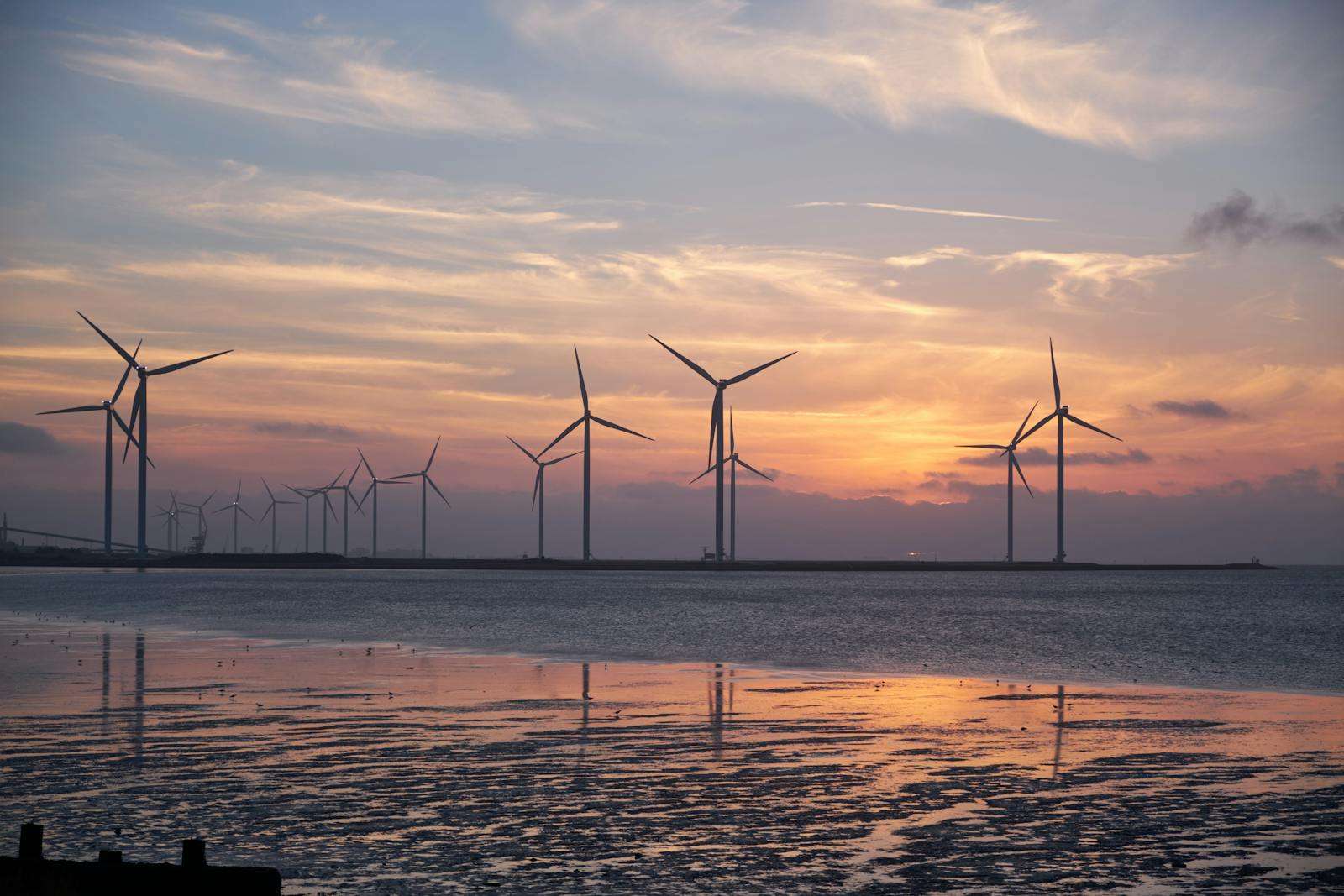 Renewable Energy Wind turbines on the shoreline silhouette against a vibrant sunset, promoting renewable energy.