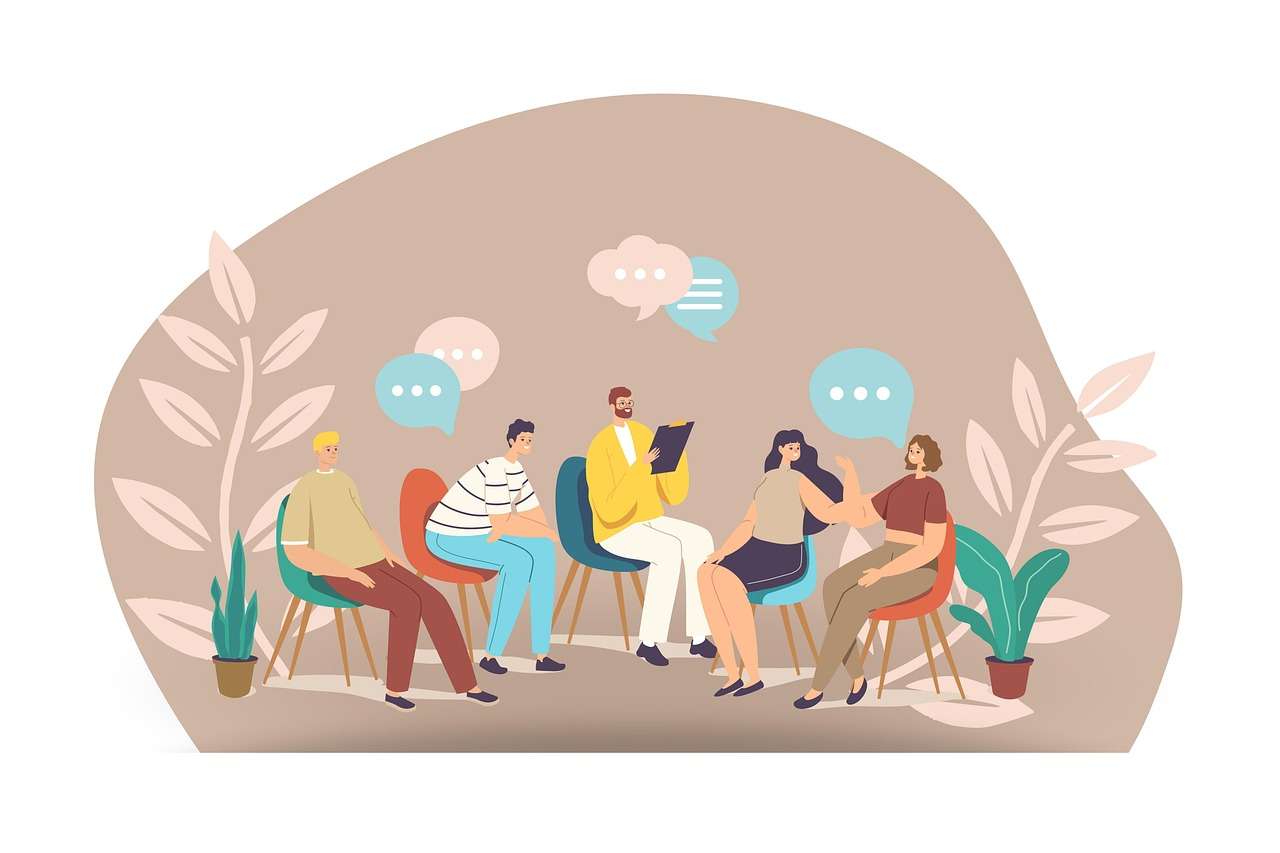 Group therapy chair circle, chairs, circle, to sit, to discuss, discussion, communication, communicative, to speak, exchange, conversation, therapy, listen to, support group, group, discussion group, seating circle, discussion, discussion, discussion, discussion, discussion, support group, group, group