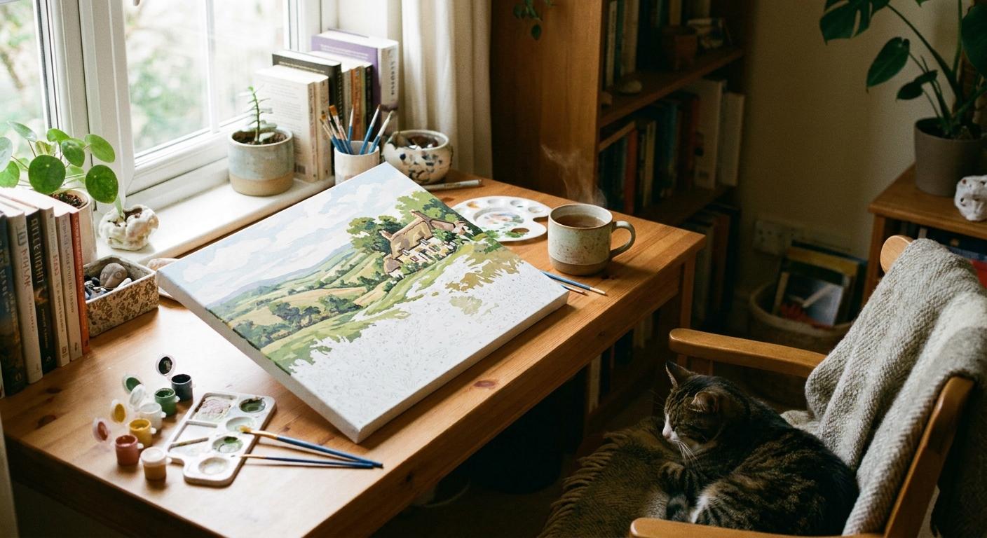 A Creative Hobby Might Be the Best Thing You Do for Your Mental Health This Year peaceful creative workspace with a paint-by-numbers project in progress, warm natural light, and everyday objects that invite relaxation.