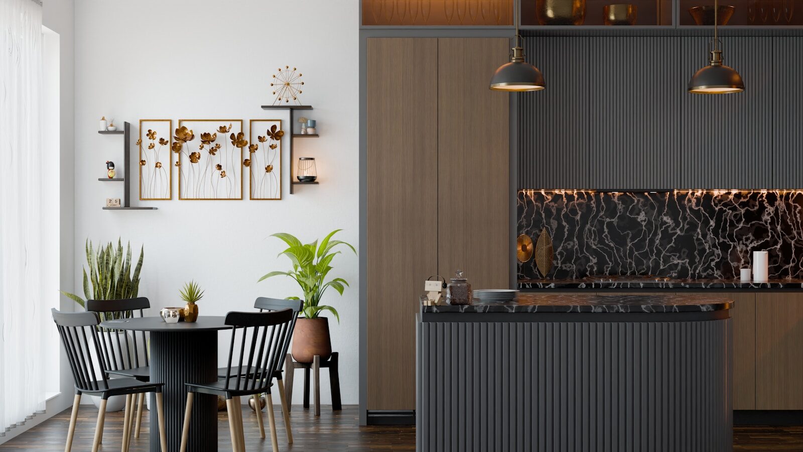Must-have elements of modern kitchens A kitchen and dining room with a table and chairs