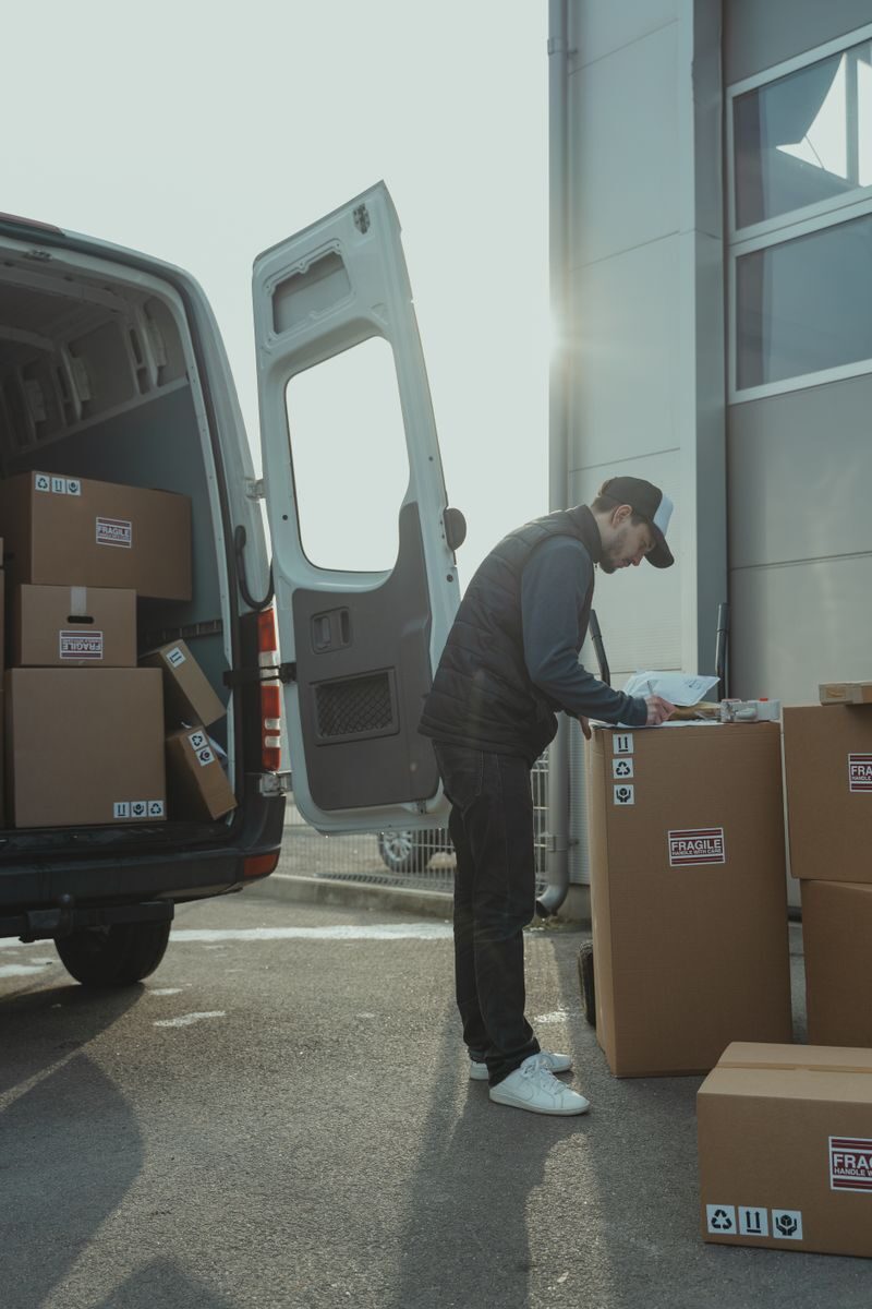 The Ultimate Moving Across the Country Checklist in 2026 Courier organizes cardboard boxes for delivery from van in an industrial area.