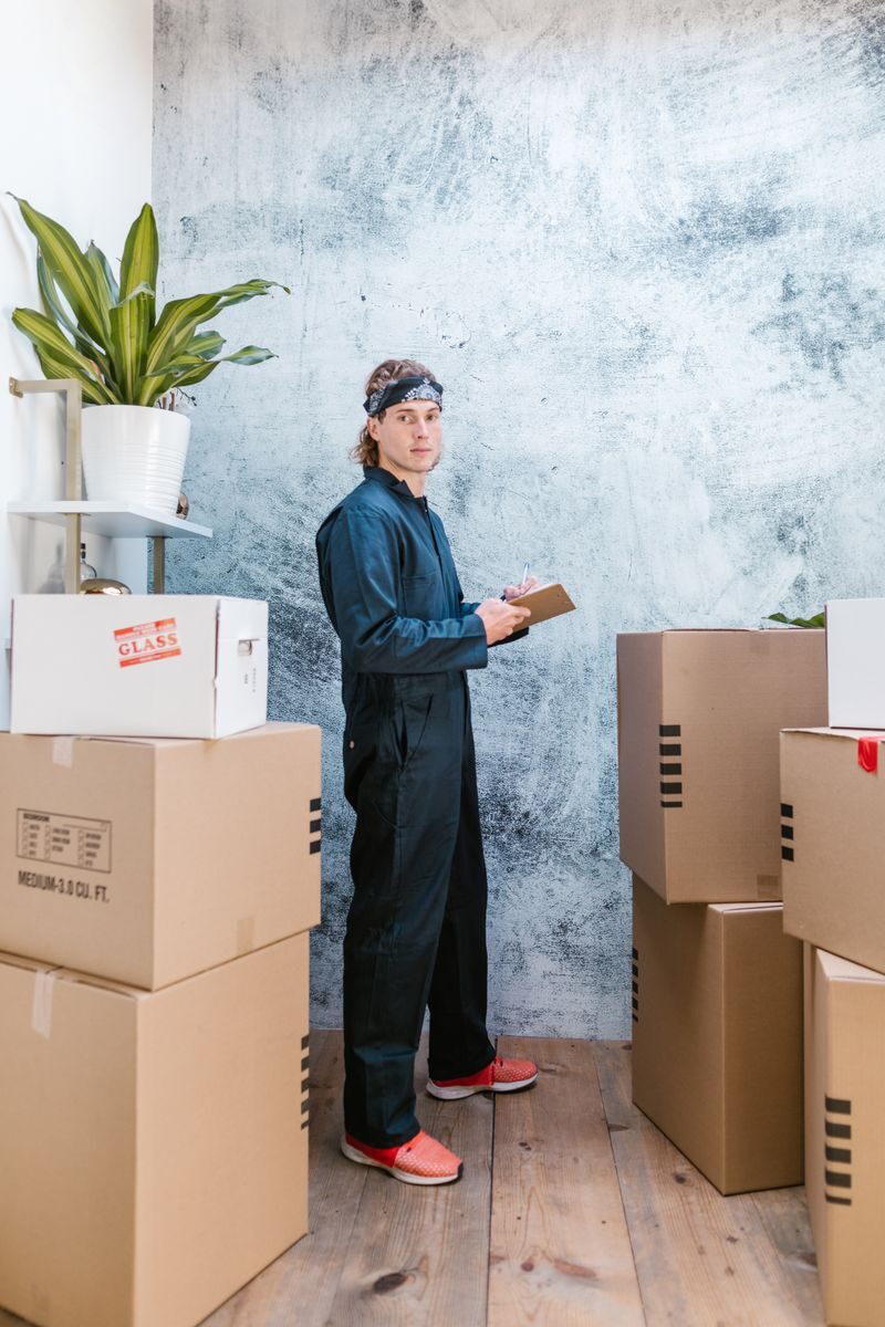 Smart Ways to Plan a Low-Stress Long-Distance Move A mover in coveralls with bandana checks packages in a warehouse.