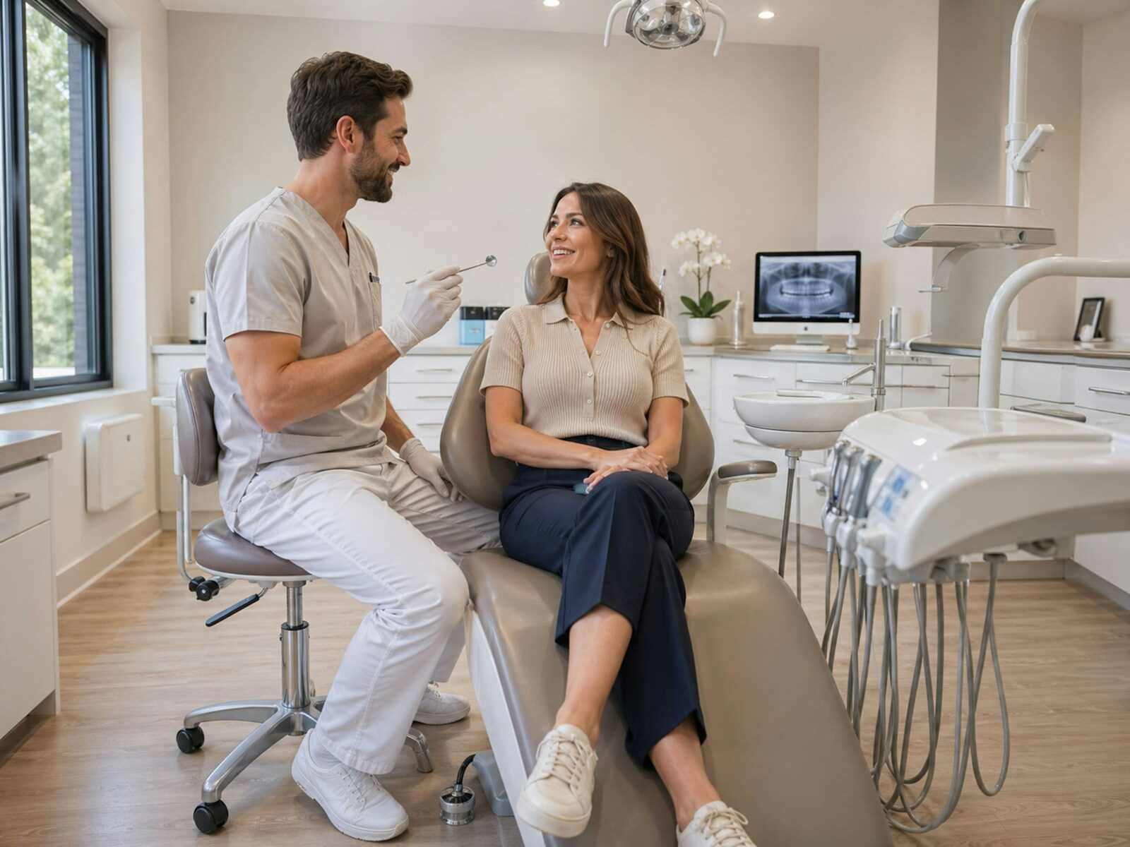 Dentures and the Emotional Side of Restoring a Complete Smiletalking to patient in a modern dental office