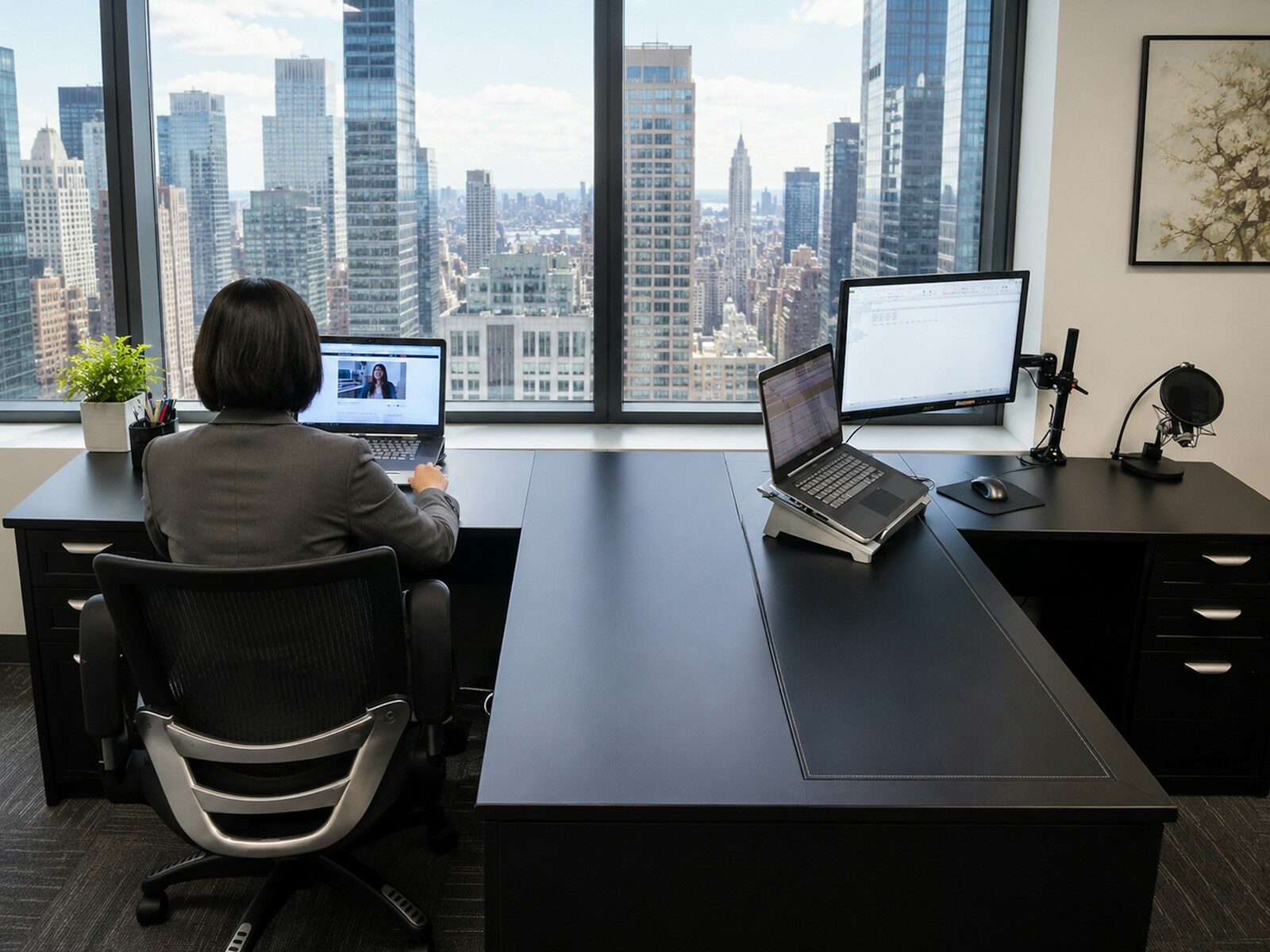 How Electrical Floor Boxes Support Technology-Heavy Commercial Spaces Woman working on laptop at office desk with city view
